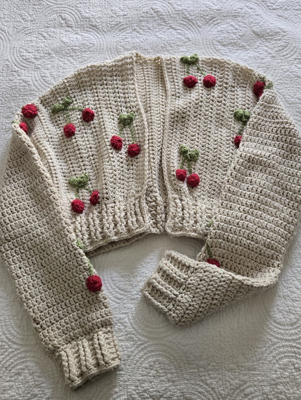 Cream Crochet Cardigan Sweater with Cherry Embroidery